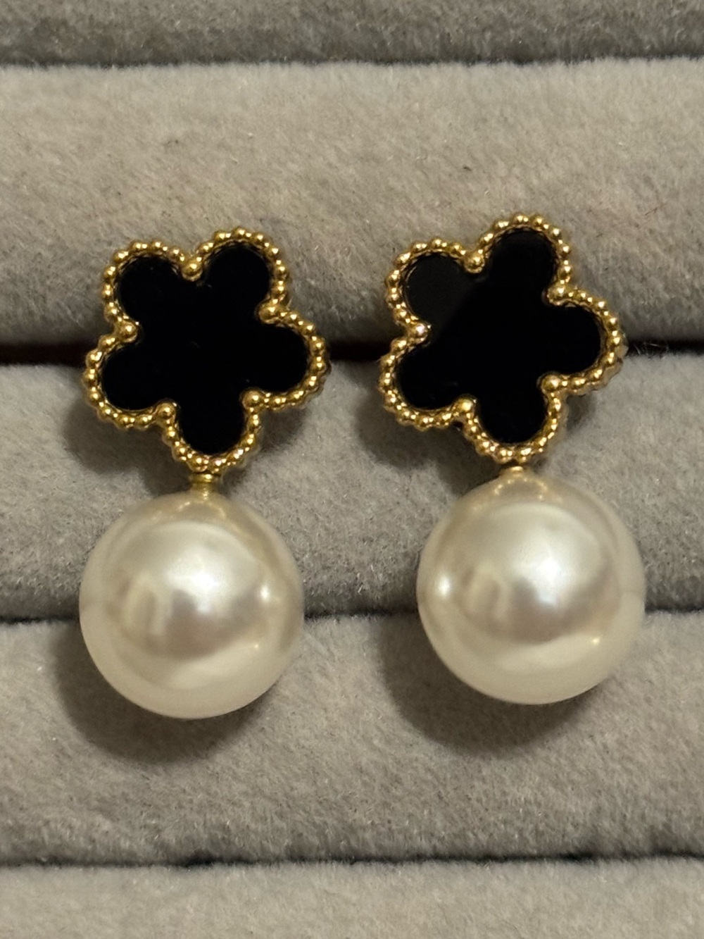 Gold-Trim Black Clover Pearl Drop Earrings